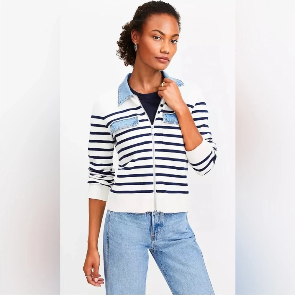 NWOT LOFT Blue and White Denim-Trim Cardigan - Picture 1 of 13
